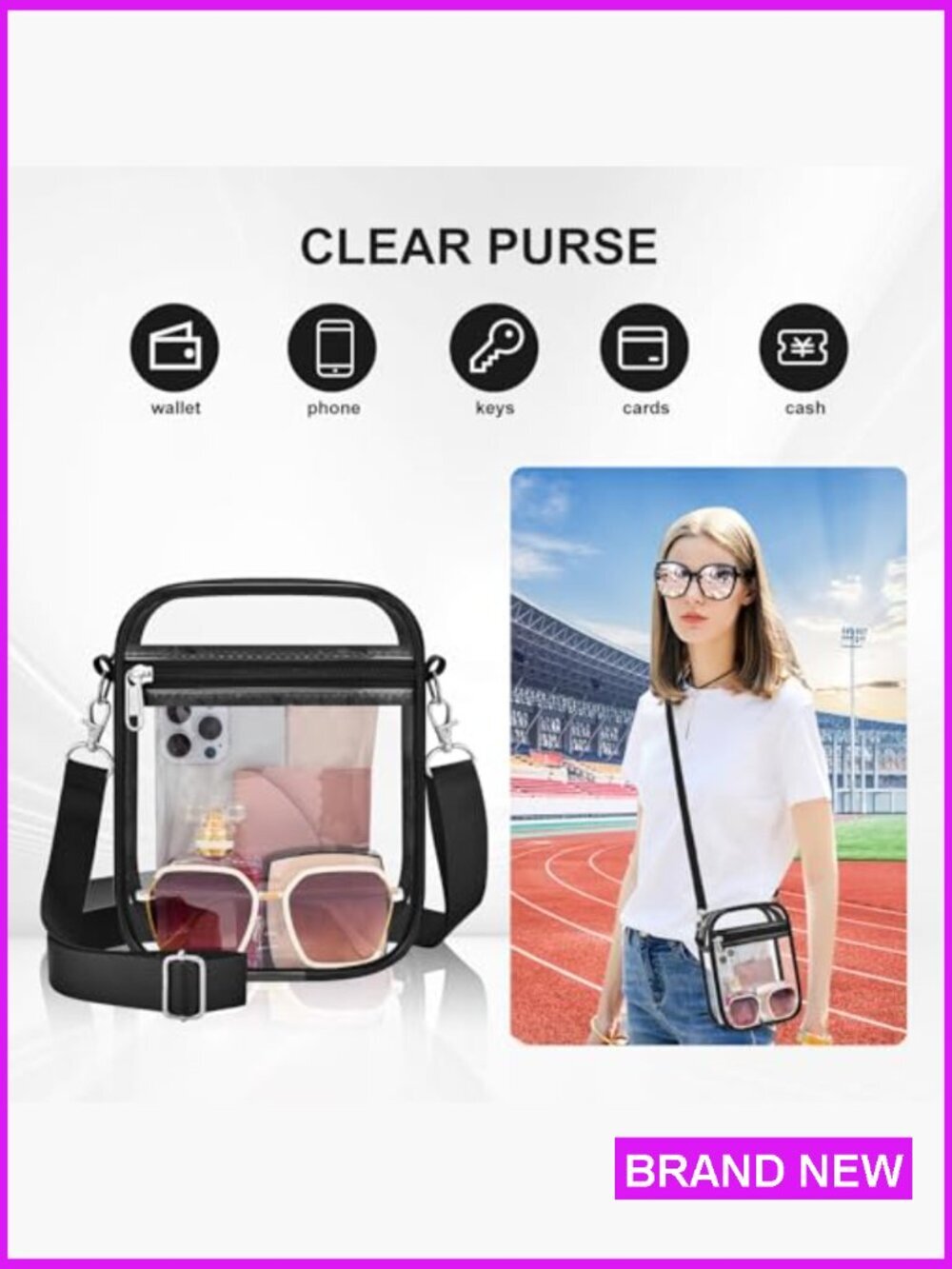 Clear Crossbody Bag Stadium Approved PVC Concerts Festivals Events Zip Closure - Picture 4 of 6